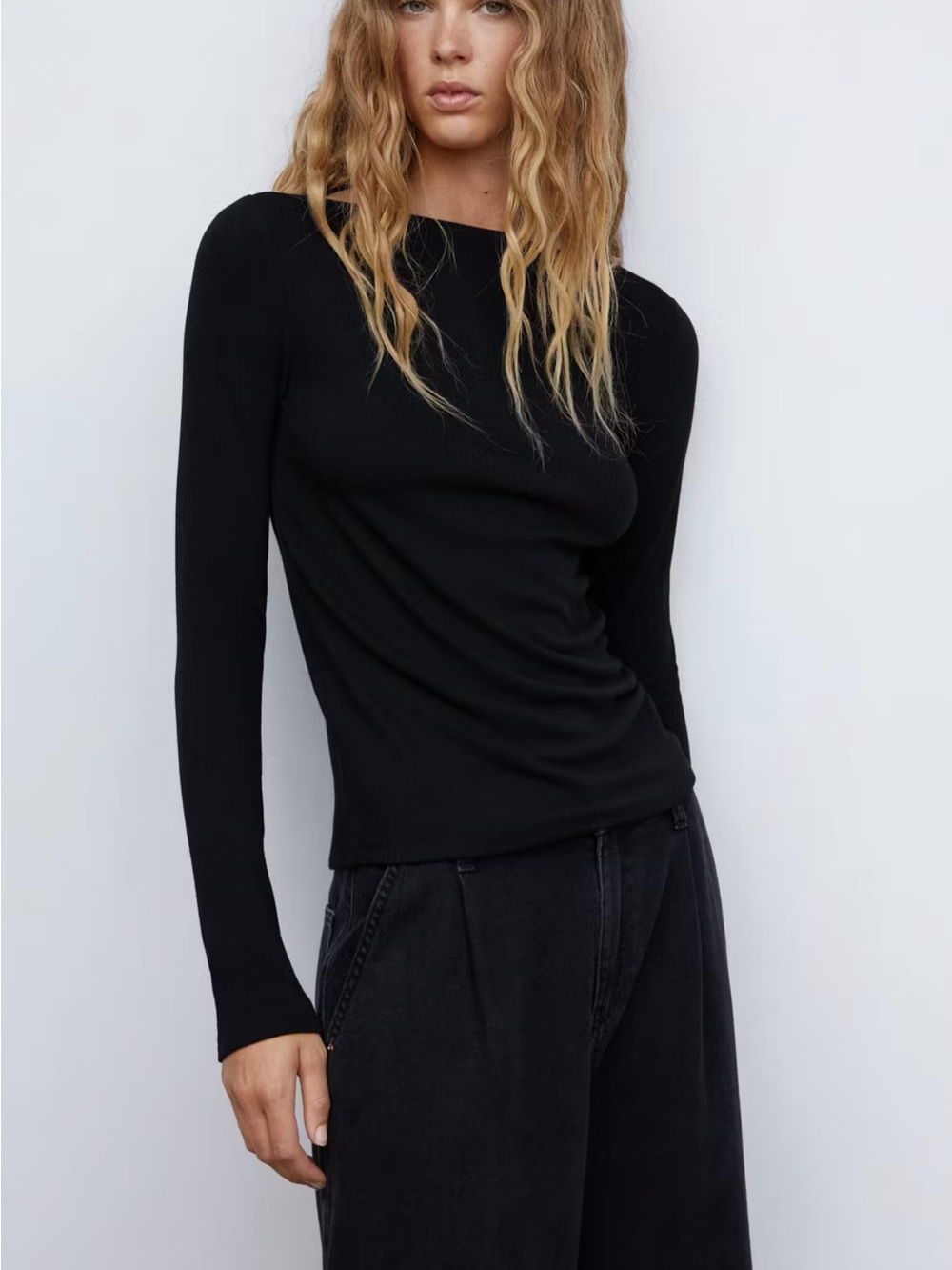Mango Black Ribbed Long-Sleeve Boatneck Top